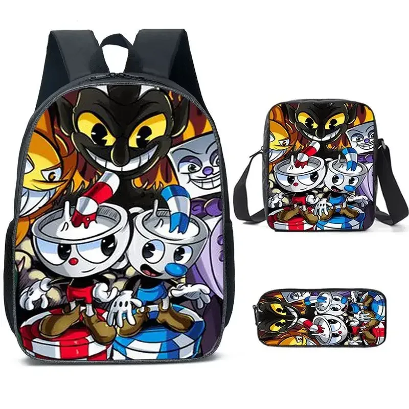cuphead anime 3 pièces/ensemble sac à dos étudiant école sac à bandoulière enfants mignon voyage sac à dos enfants cadeau d'anniversaire