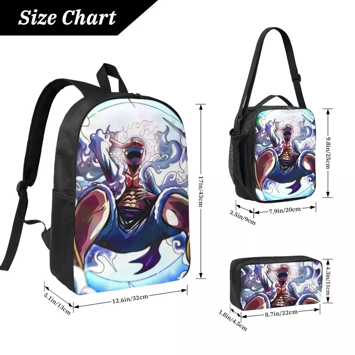 Luffy In Gear 5 sac à dos étudiant garçons filles BookBag sac d'école ordinateur portable sacs à bandoulière 3ps sac à déjeuner isolé trousse à crayons