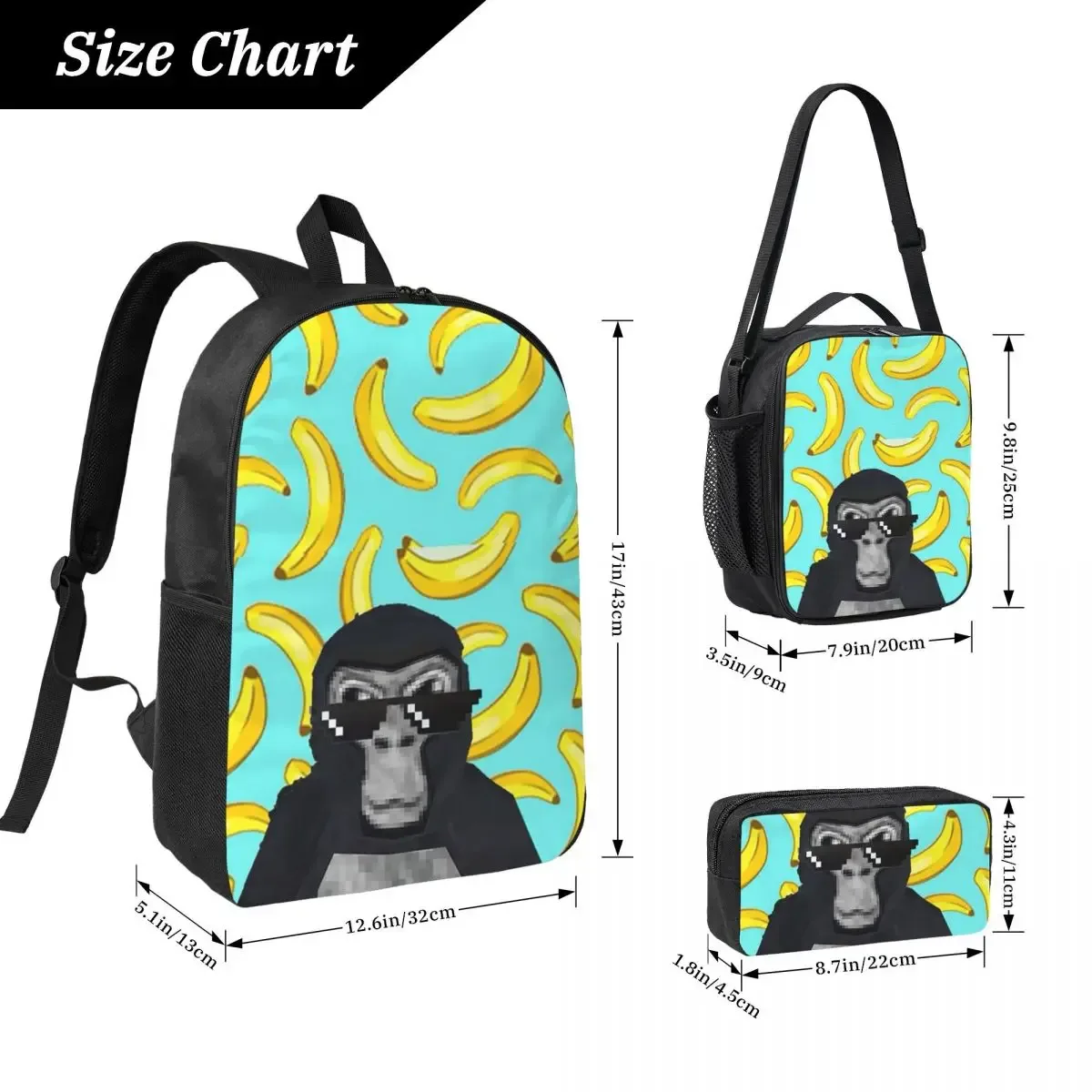 sac à dos gorilla tag monkey pour étudiants, sac d'école, sac à bandoulière pour ordinateur portable, 3 pièces