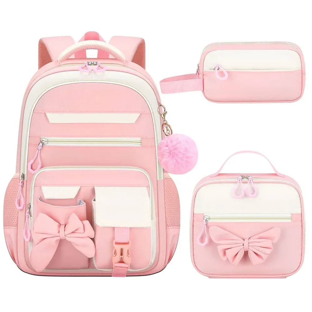 ensemble de 3 sacs à dos, sac à lunch et trousse à crayons en tissu oxford imperméable avec nœud papillon, léger et grande capacité