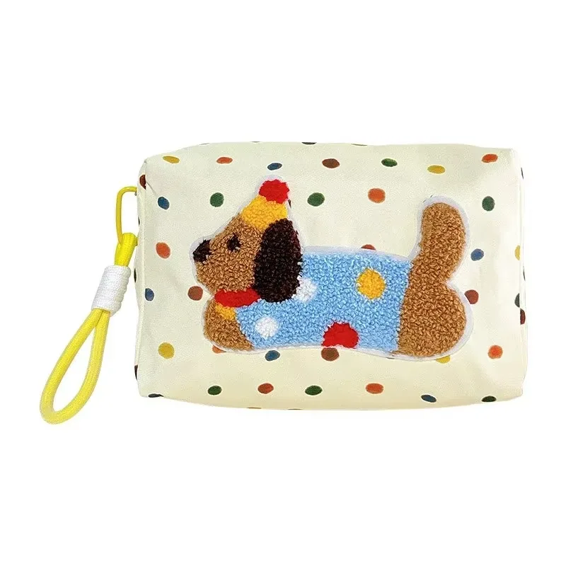 sac à cosmétiques teckel mignon de dessin animé avec corde, sac de rangement de lavage de voyage portable de grande capacité pour femmes, sac de maquillage de toilette à fermeture éclair