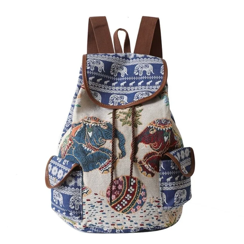 sac à dos décontracté en toile brodé style ethnique jacquard avec motif éléphant et hibou, sac seau à cordon pour la plage