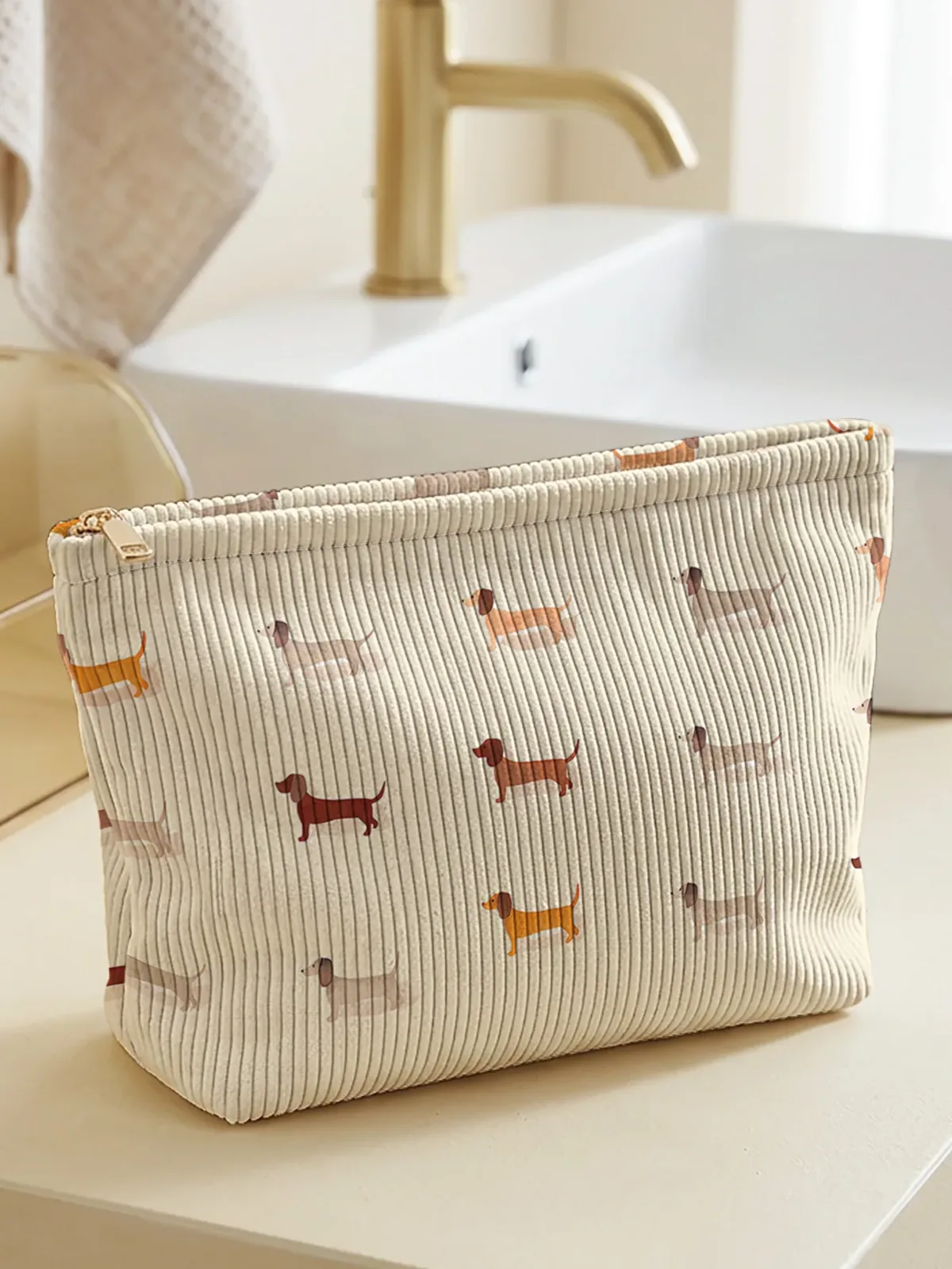trousse de maquillage en velours côtelé à motif teckel, pochette légère à fermeture éclair, sac multifonctionnel doublé pour cosmétiques