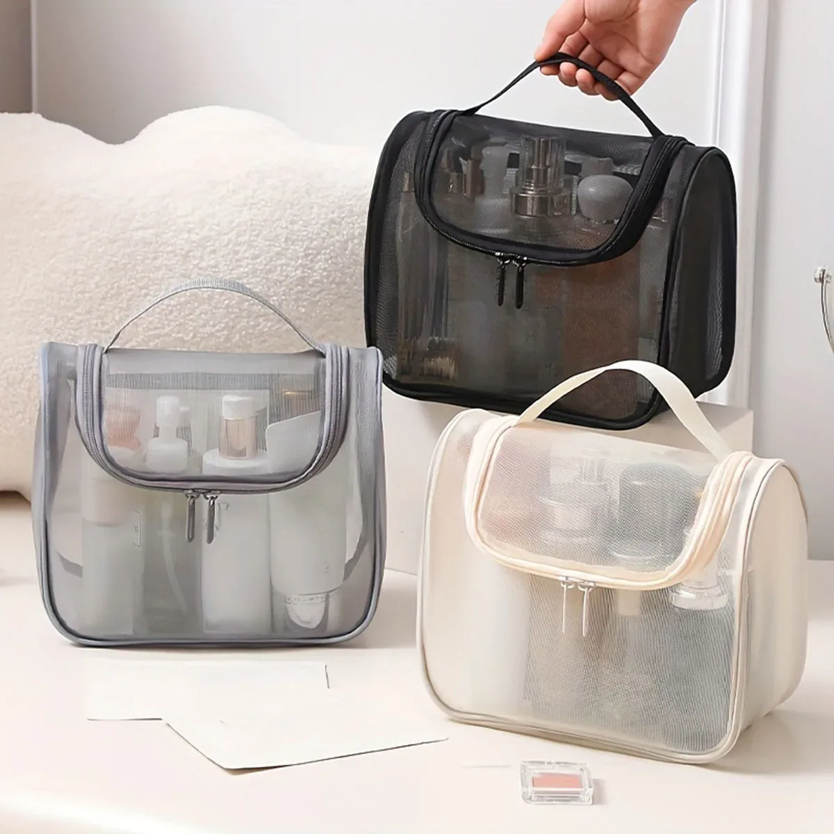 Nouvelle trousse de toilette multifonctionnelle, sac à maquillage portable en nylon courbé, sac de rangement pour cosmétiques de grande capacité pour femmes