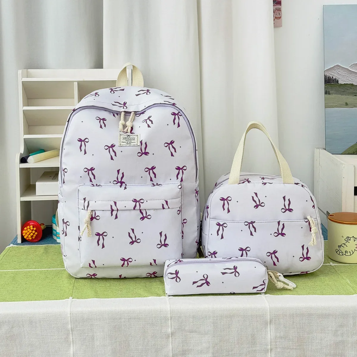 ensemble de sacs à dos trois pièces imprimé nœud papillon, doux et frais, en nylon léger, grande capacité, pour le campus et les trajets quotidiens des étudiants
