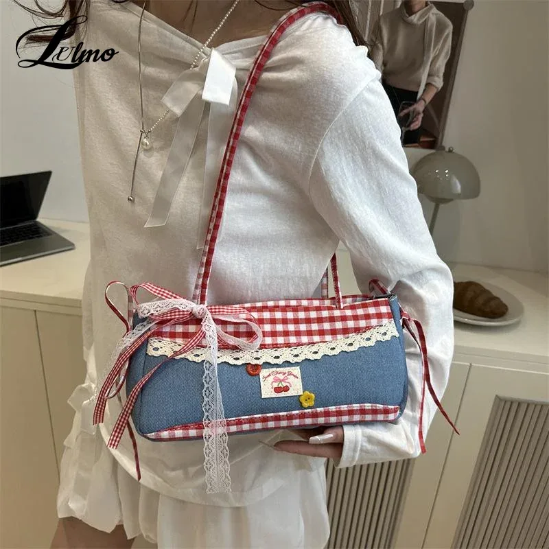 sacs à bandoulière en dentelle à carreaux pour femmes, sac sous les bras en patchwork de style collégial pour 