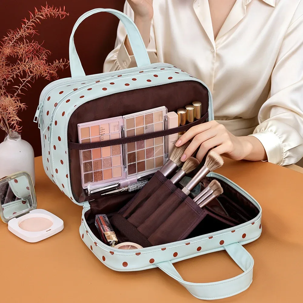 sac de maquillage portable à pois, sac à cosmétiques multifonctionnel à trois couches en cuir pu, sac de rangement de voyage étanche de grande capacité