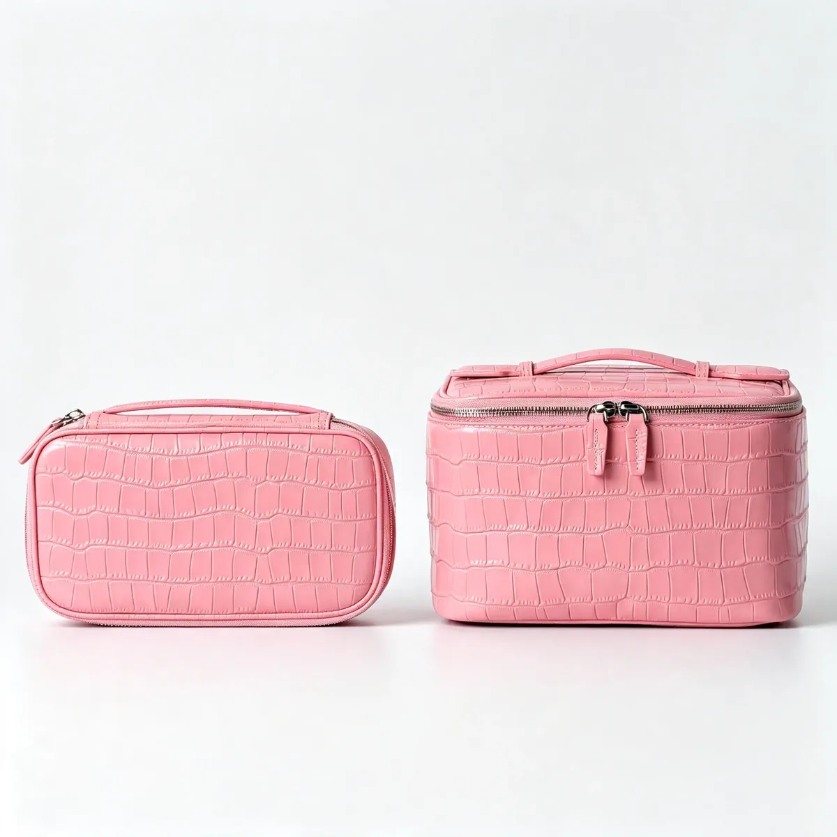 sac à cosmétiques en cuir de vachette rose à motif crocodile, sac de toilette de luxe de grande capacité, en cuir véritable, pour voyage, rangement portable, trousse de toilette