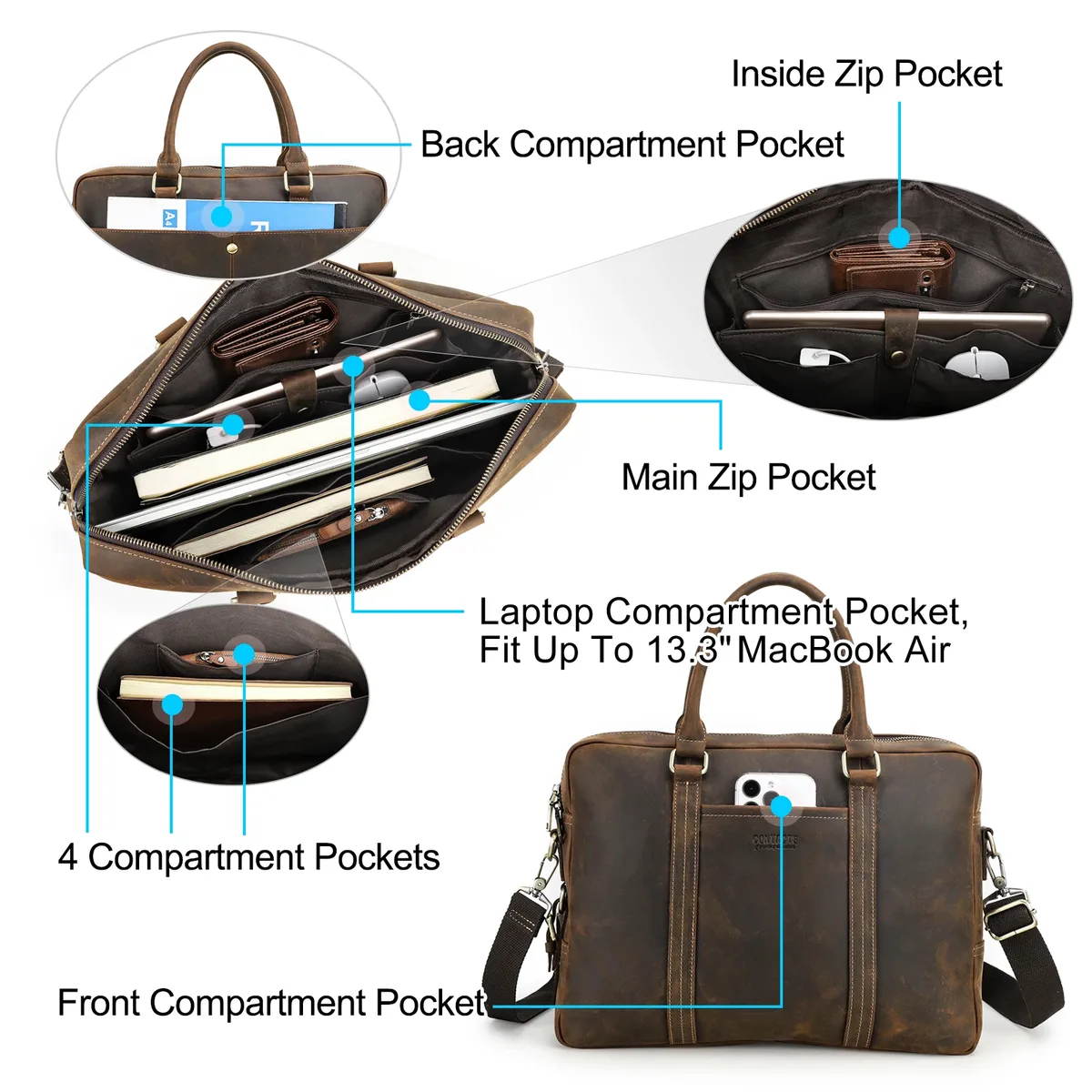 contact's-sacs d'affaires en cuir véritable pour hommes, étui à bombes vintage lancé, sac fourre-tout pour ordinateur portable pour macbook air 13.3"