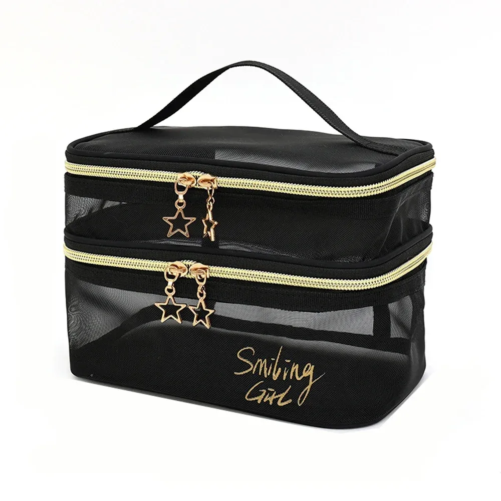sac à cosmétiques de voyage pour femmes, grande capacité, étui de maquillage en maille noire, pochette de rangement, trousse de toilette décontractée à fermeture éclair, sacs de lavage de maquillage