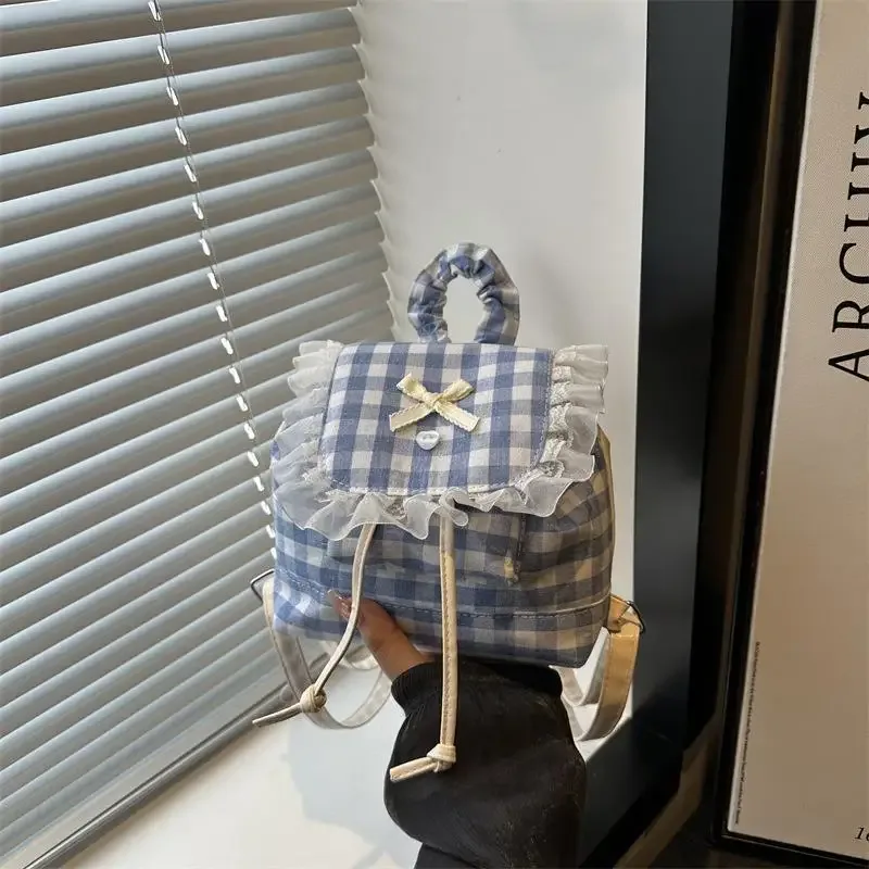 sac à nœud de grande capacité, sac à dos fonctionnel en toile à carreaux en dentelle de style coréen pour les voyages et les livres