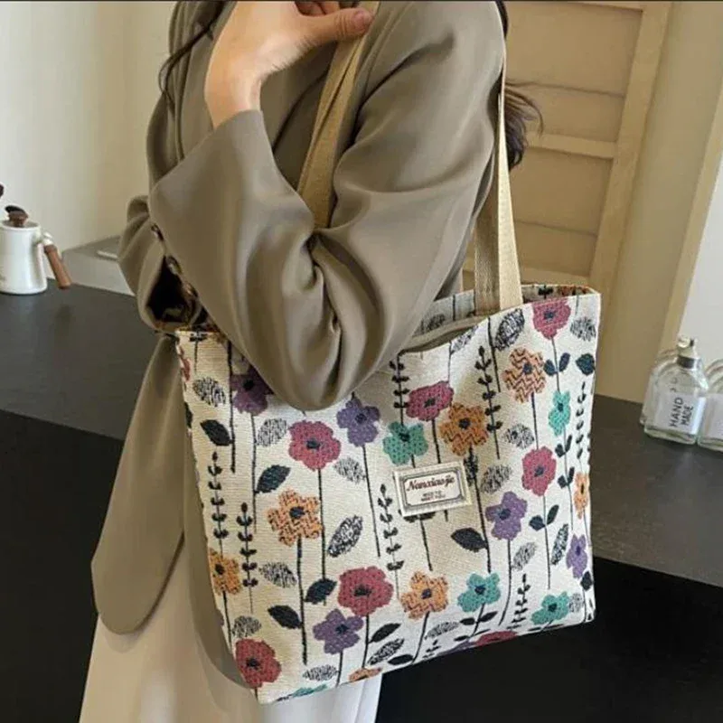 sac à bandoulière simple imprimé floral, sacoches réutilisables de grande capacité, fourre-tout simple et polyvalent
