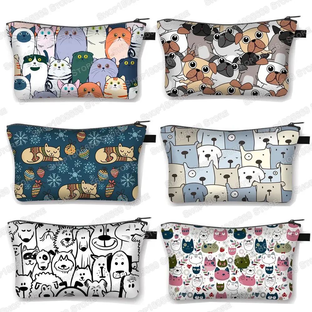Kawaii dessin animé chat chien trousse à cosmétiques mignon chaton chiot sacs de maquillage femmes sacs de toilette pochette rouge à lèvres pochette fille sac à cosmétiques