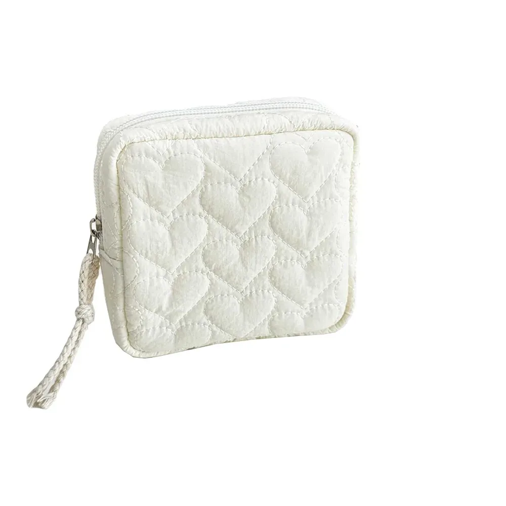 sac cosmétique portable à fermeture éclair, compact, en tissu doux, pochette de voyage pour articles de toilette, motif cœur carré, mini pochettes de maquillage pour voyage.