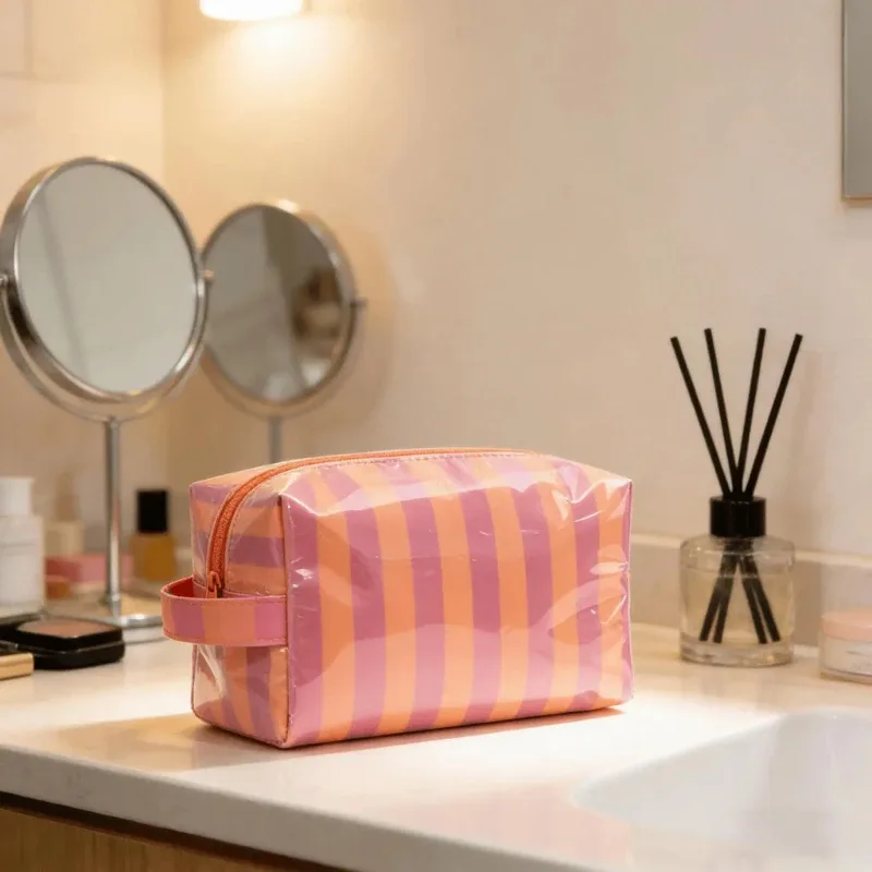 nouvelle trousse de voyage pour rouge à lèvres, grande capacité, rayée, sac cosmétique portable décontracté pour femmes, organisateur de maquillage à main