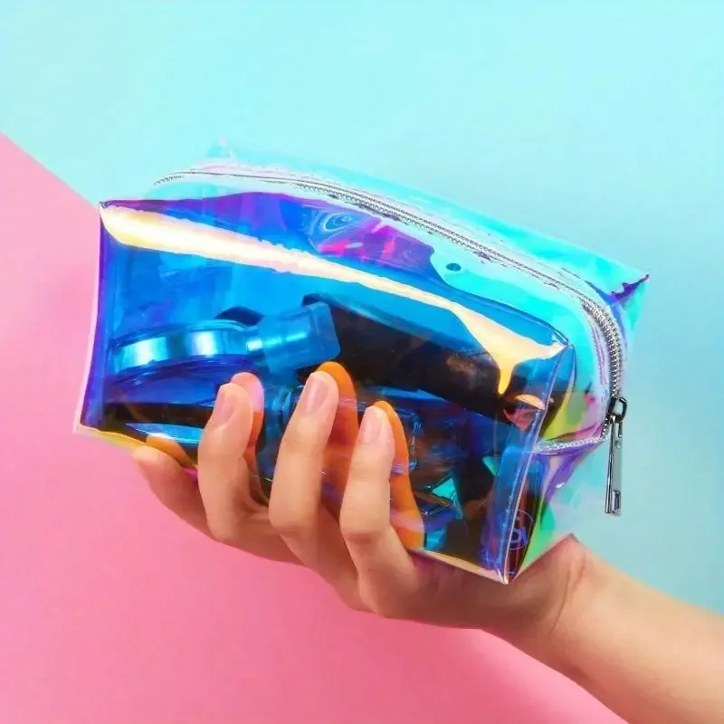 1 pièce trousse de maquillage et de toilette transparente holographique irisée à paillettes avec fermeture éclair, pochette de voyage pour sac à main, couches et plage