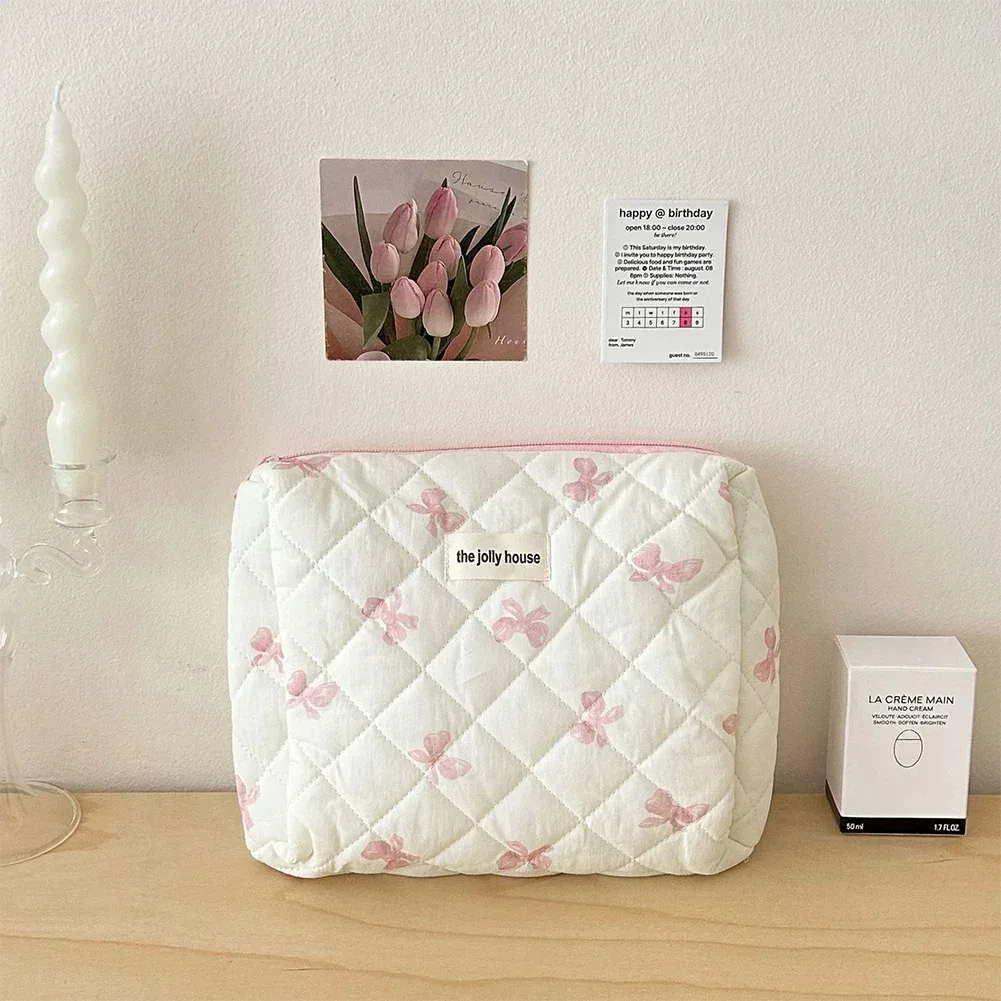 trousse de maquillage en coton matelassé pour femmes, trousse de toilette portable pour filles, trousse de maquillage à fermeture éclair, trousse de toilette à nœud mignon, sac à main pour gril à fleurs
