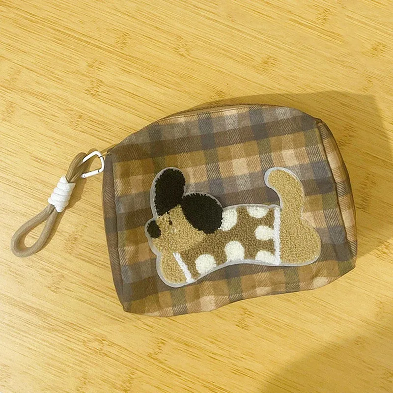 jolis sacs de rangement de maquillage à carreaux pour chiot avec lanière ; cadeaux d'organisation cosmétique de voyage super capacitifs