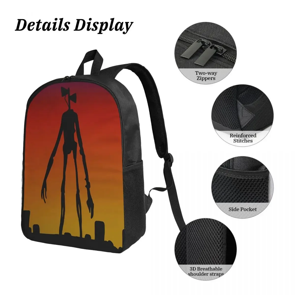 sac à dos cartoon horror creepypasta siren head, sac d'école, sac à bandoulière pour ordinateur portable, sacs à bandoulière, 3 pièces, sac à déjeuner isotherme, trousse à crayons