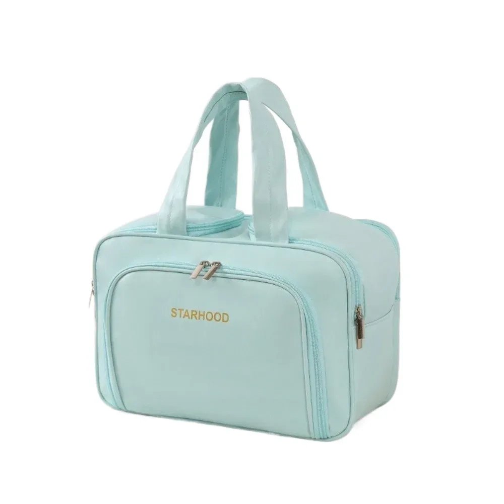 trousse de toilette de voyage grande capacité en pu, avec poignée et double fermeture éclair, organiseur de maquillage pour femme