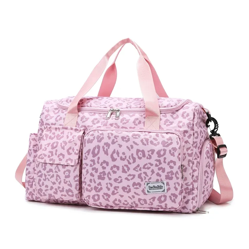 sac à bagages de loisirs de grande capacité imprimé léopard classique, avec plusieurs poches et compartiment à chaussures, sac de voyage de sport et de fitness