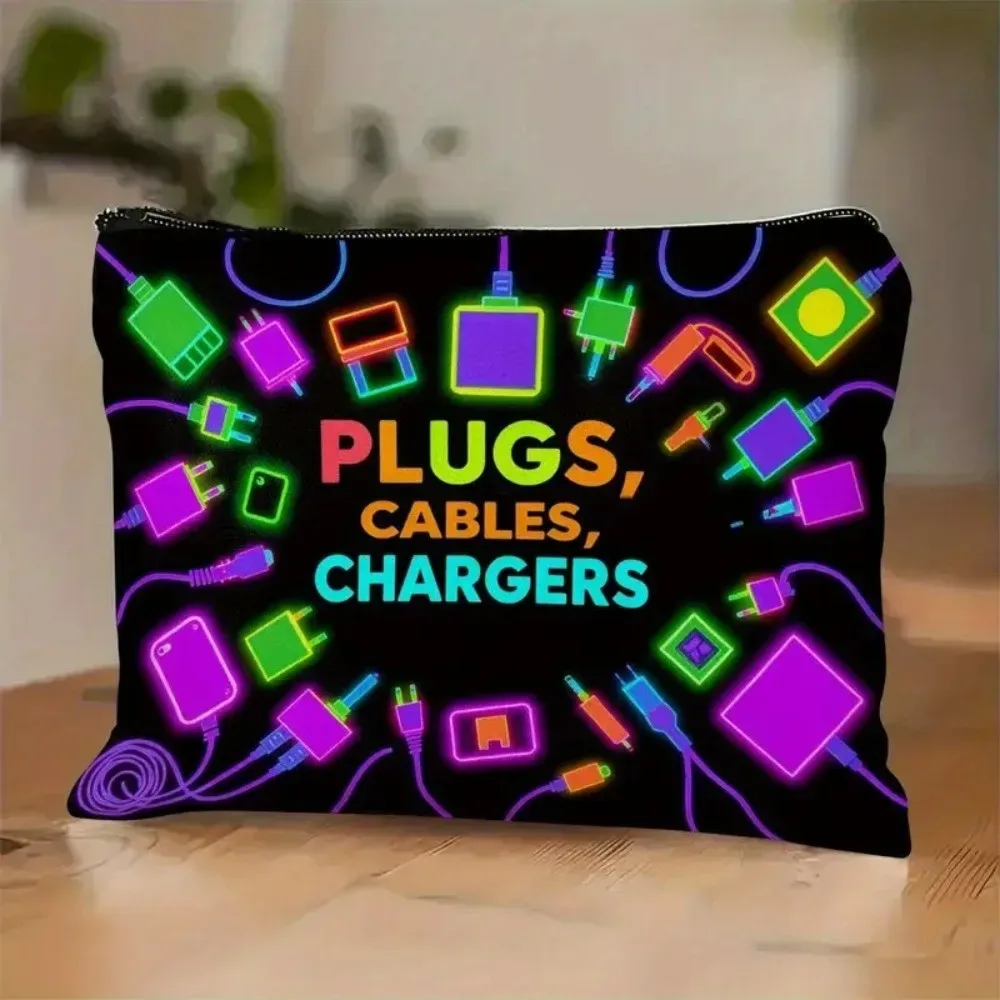 nouvelle pochette de rangement pour chargeur en toile, fermeture à glissière, design imprimé, organiseur de câbles, sac de grande capacité, organiseur de cosmétiques, utilisation en voyage