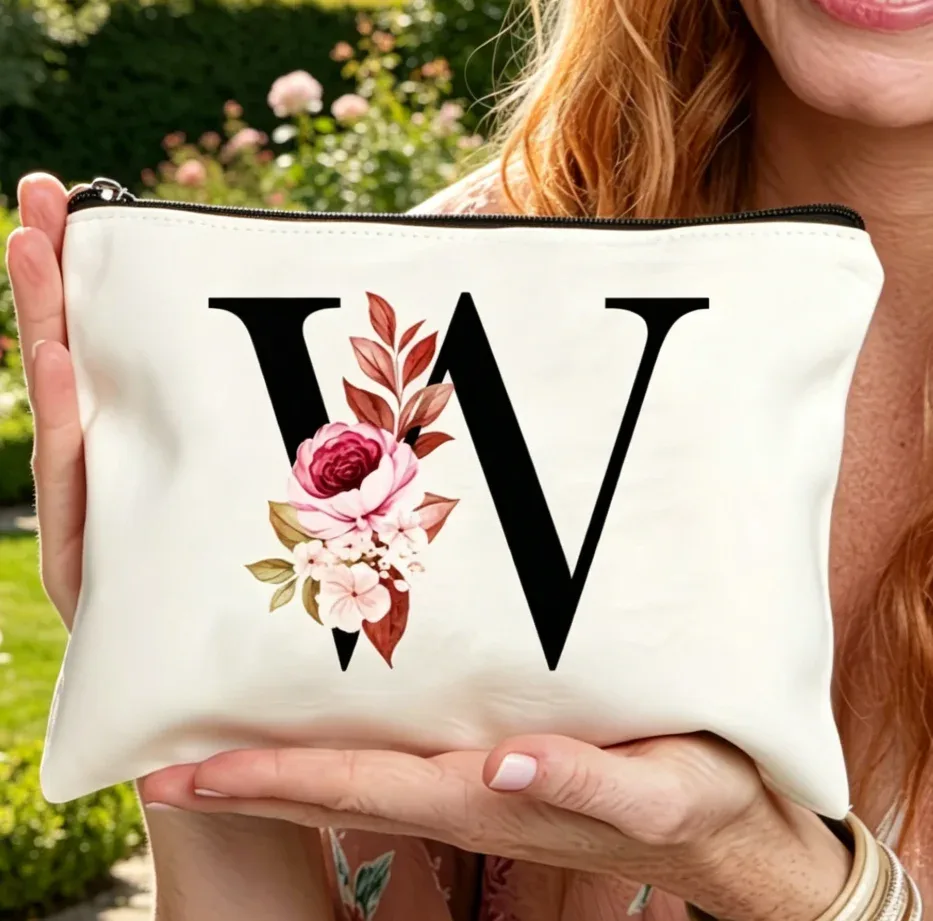 sac à fermeture éclair élégant avec motif de lettres et de fleurs, trousse de maquillage polyvalente, trousse à cosmétiques légère pour femmes a-z, 1 pièce