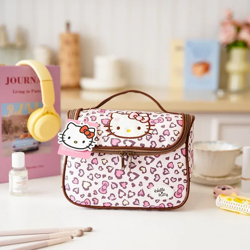 véritable trousse de maquillage hello kitty, trousse de maquillage kawaii à imprimé léopard, sac de rangement de grande capacité, sac de voyage portable.