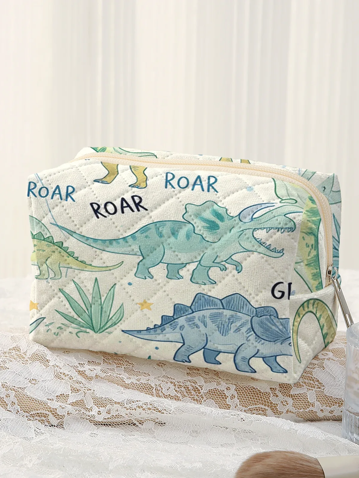 trousse de toilette matelassée à imprimé dinosaure de dessin animé, pochette de maquillage portable à fermeture éclair, sac de rangement de voyage pour enfants, usage quotidien en extérieur