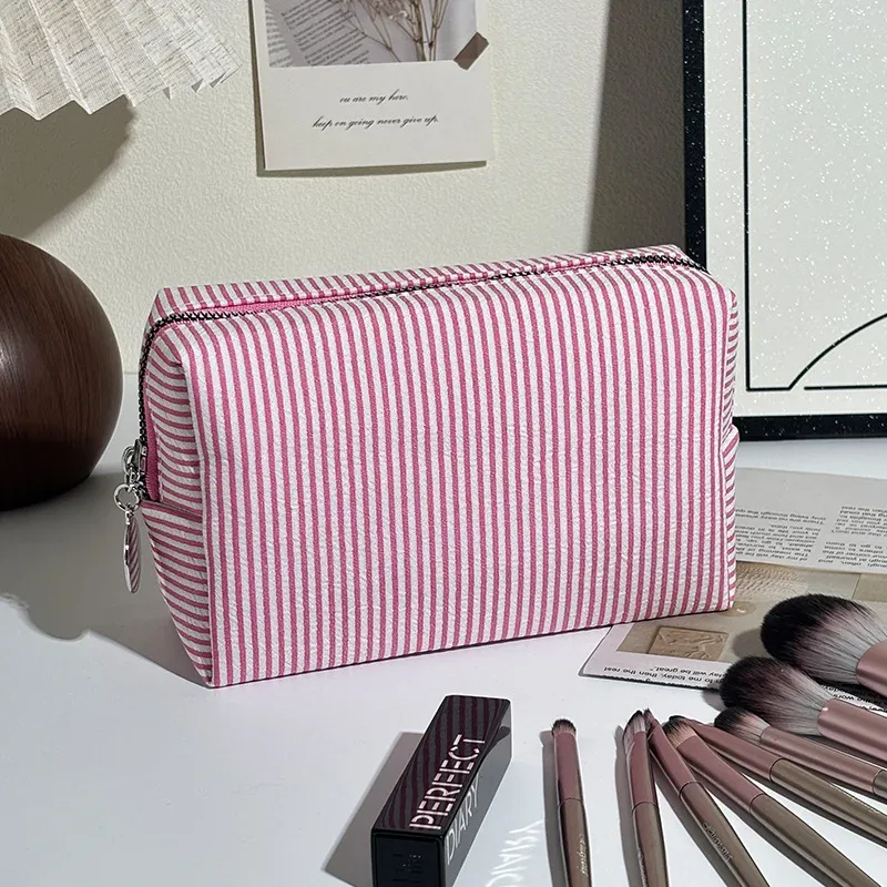 trousse de toilette rayée en mousseline bulle, sac de voyage portable, grande pochette de rangement pour maquillage, trousse de maquillage pour étudiant