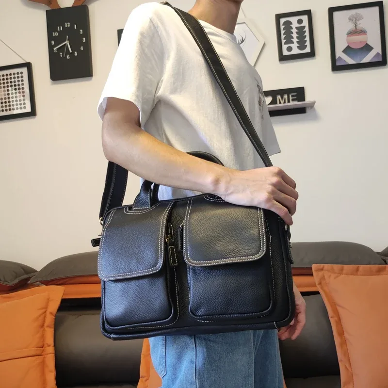 porte-documents pour hommes d'affaires, première couche en cuir de vache, décontracté, simple, luxe, doux, en cuir véritable, multi-poches, pour ordinateur portable