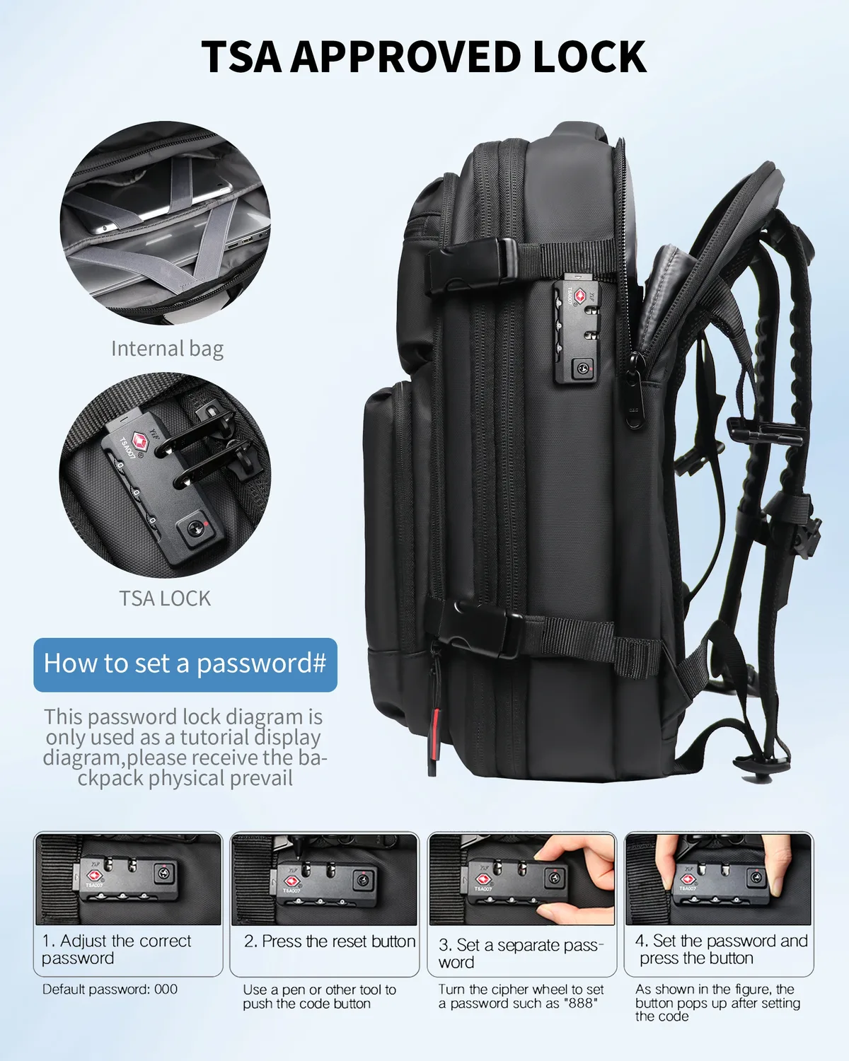 sac à dos de voyage 60l extensible avec système de compression d'air et serrure tsa, bagage cabine