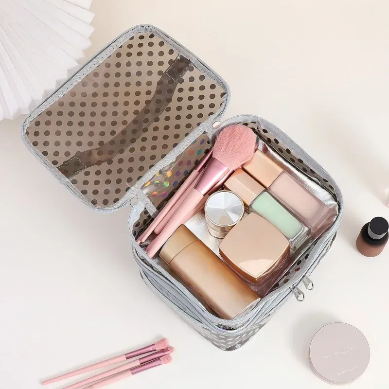trousse de maquillage double couche en pvc transparent à pois, trousse de maquillage multifonctionnelle portable et étanche, grande capacité, rangement de voyage
