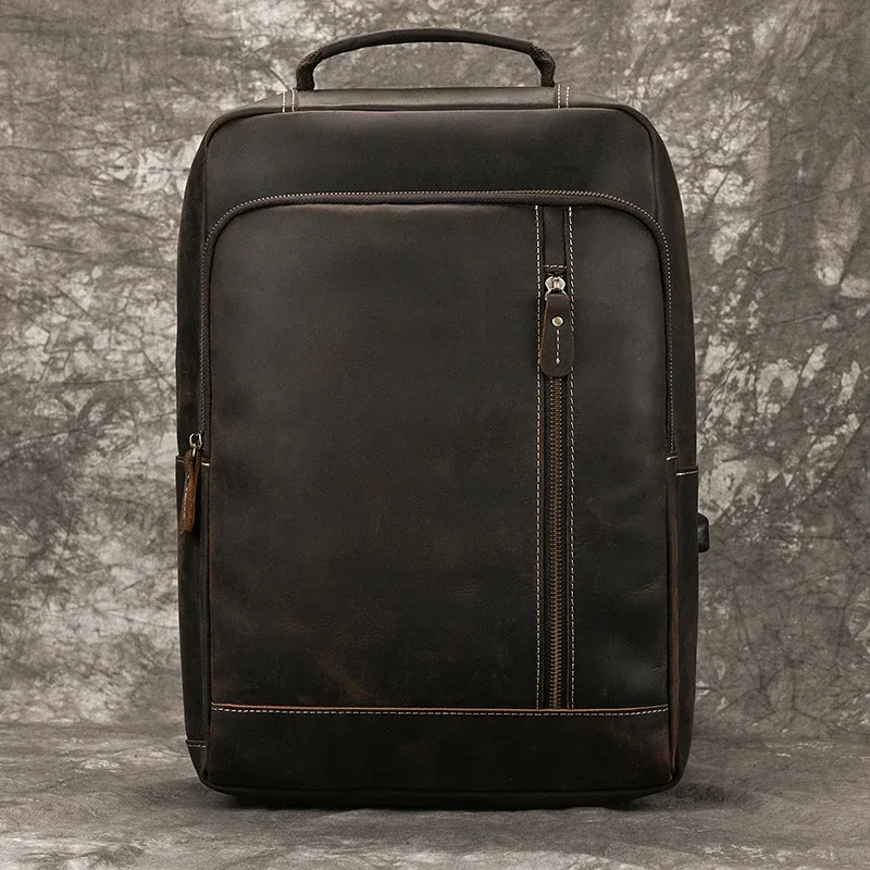 sac à dos en cuir crazy horse pour hommes, sac à dos de jour en cuir de vache pour ordinateur portable 15.6 pouces, sac à dos de voyage de grande capacité avec câble usb