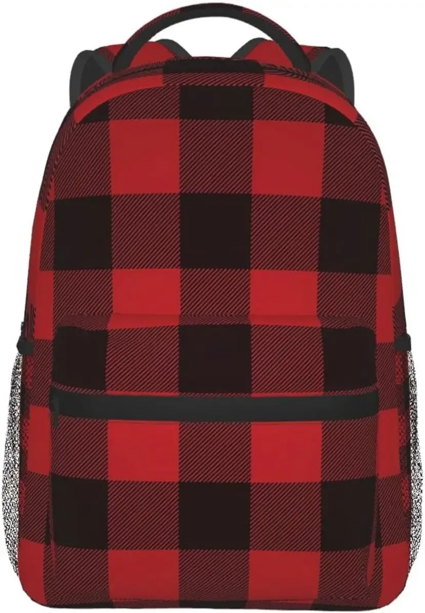 sac à dos décontracté à carreaux de buffle noir et rouge avec poches, sac à dos pour ordinateur portable, sac à dos pour le travail et les affaires