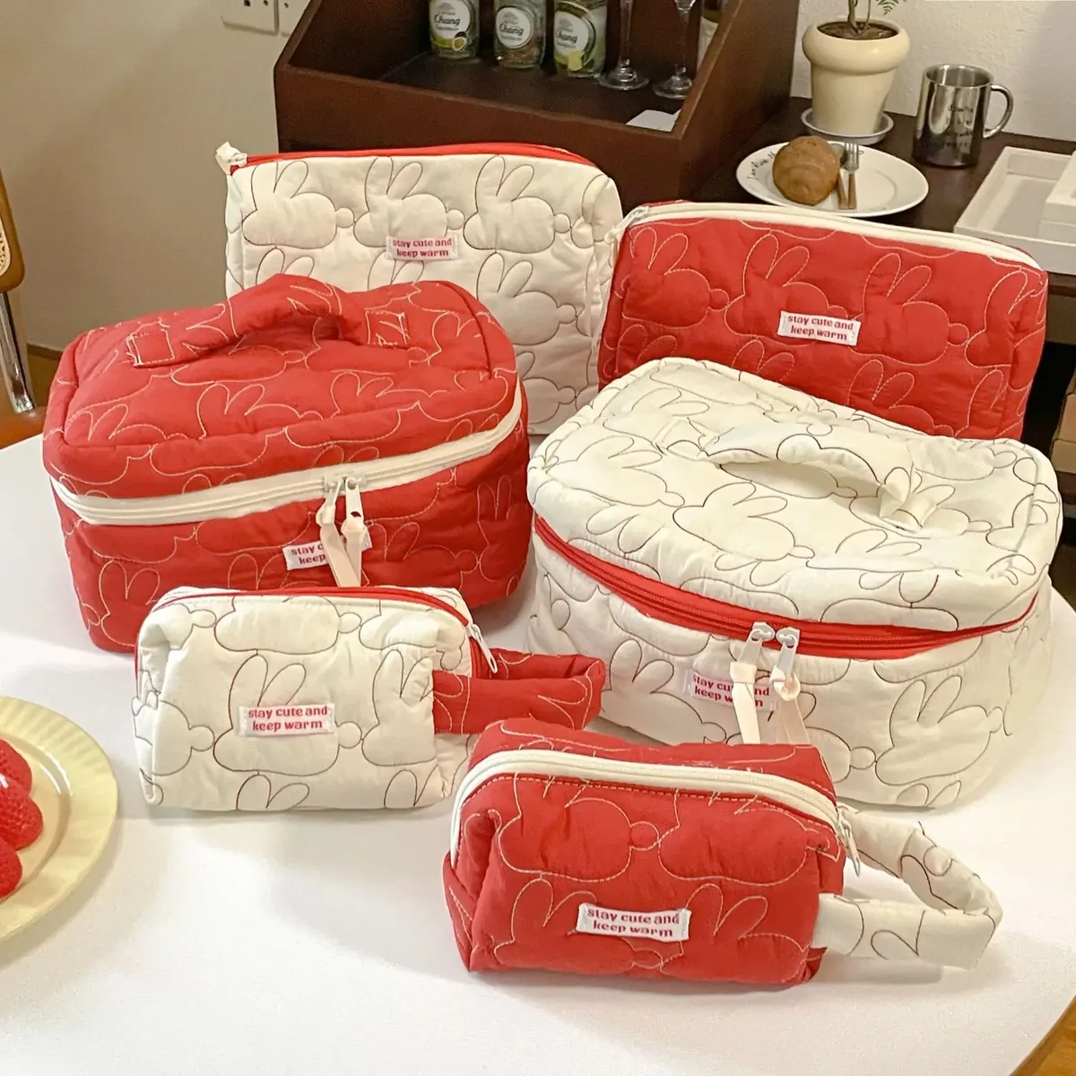 ins – sacs de maquillage à fermeture éclair de grande capacité, étuis à cosmétiques en coton matelassé lapin, pochette de rangement de voyage mignonne, organisateur pour femmes, sac à main
