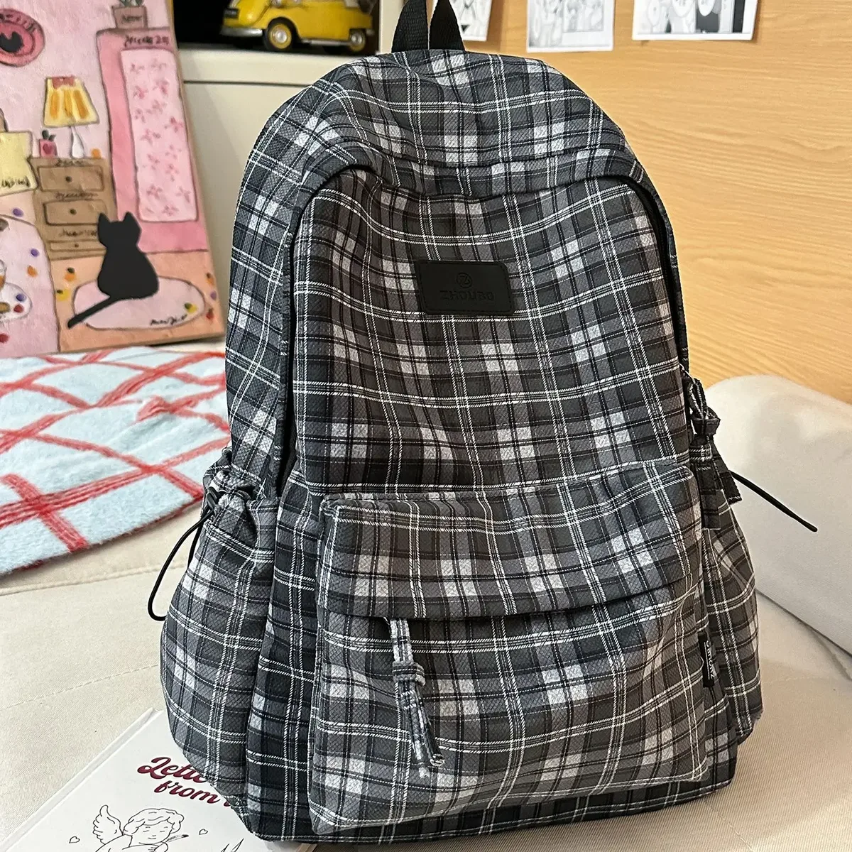 sac à dos rétro britannique à carreaux grande capacité pour filles, lycéennes, étudiantes, sac à bandoulière en nylon pour femmes