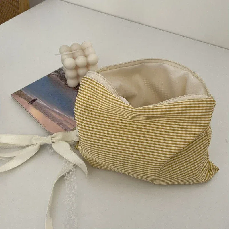 sacs à cosmétiques à carreaux en coton doux pour femmes, sacs de maquillage, sacs de rangement, mode simple portable, sacs de lavage de grande capacité
