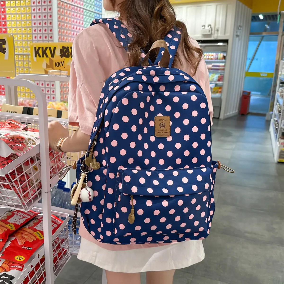 sac à dos décontracté vert menthe à pois pour femme avec poignée supérieure marron et poche zippée, grande capacité, idéal pour l'école et les voyages