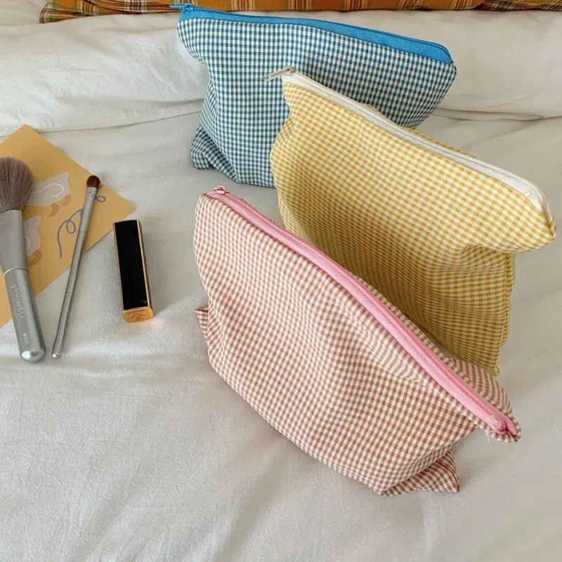 trousse de maquillage de voyage, pochette simple portable, sac à cosmétiques pour femmes, trousse de maquillage à carreaux, grande capacité, pochette en coton à fermeture éclair