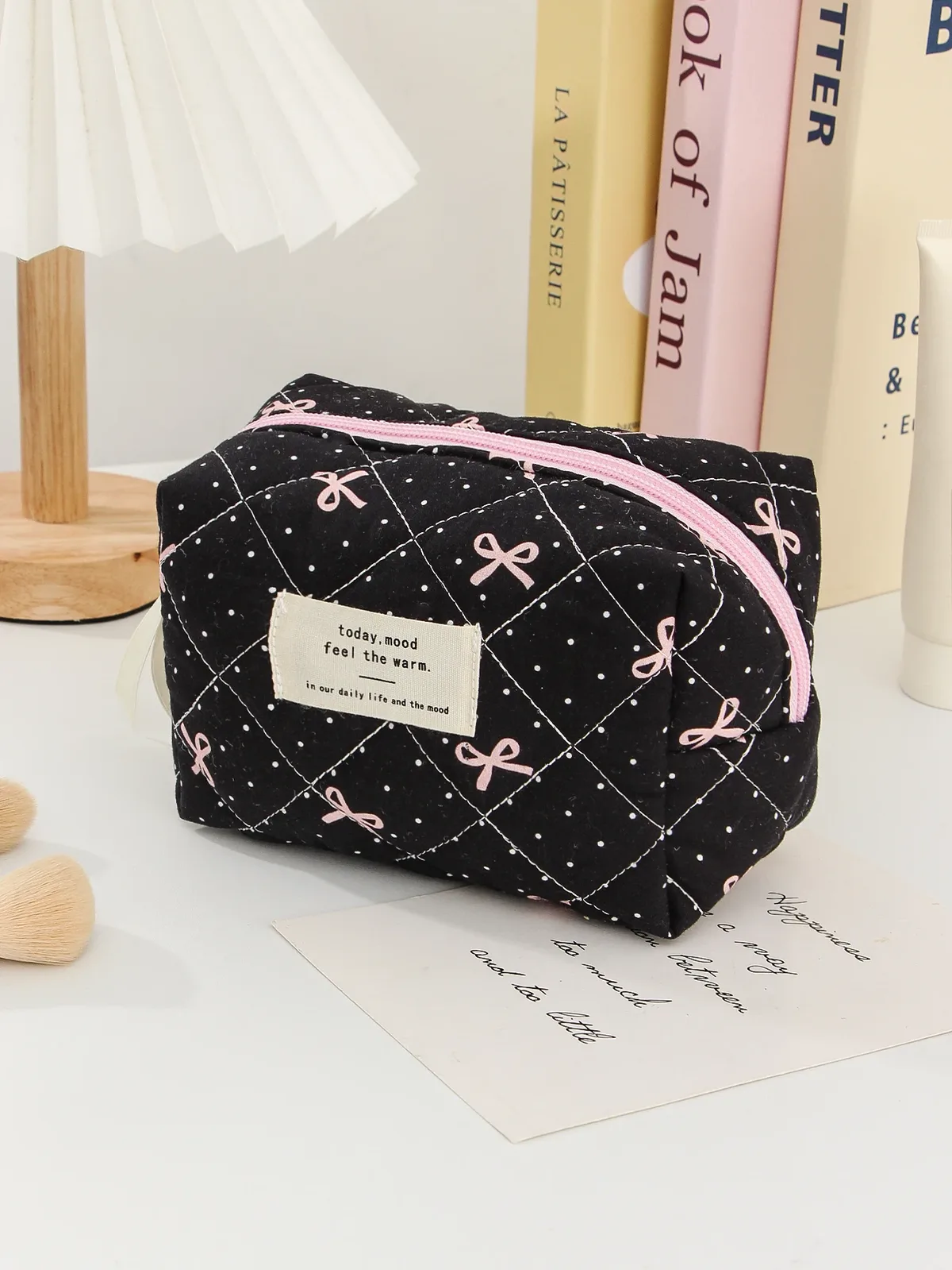 1 pièce/ensemble sac de maquillage matelassé à nœud, trousse de maquillage portable multifonctionnelle, trousse de maquillage cadeau de vacances, trousse de maquillage essentielle de voyage