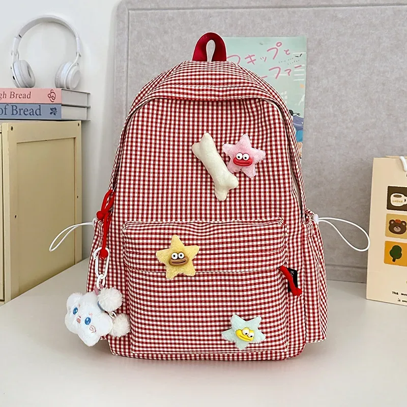 sac à dos pour femme style campus, motif écossais simple, grande capacité, décontracté, pour voyage, sac à double bandoulière en nylon, style frais et doux