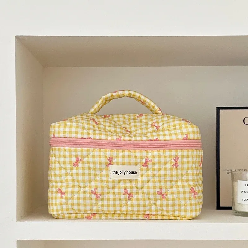 trousse de maquillage matelassée à carreaux avec nœud, grande capacité, pour pinceaux et soins de la peau, sac de voyage cosmétique