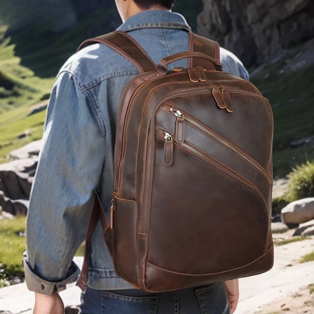 Sac à dos pour ordinateur portable en cuir véritable pour hommes de 15,6 pouces, sac d'affaires en cuir de vache de qualité supérieure, sac à dos de voyage et de Camping