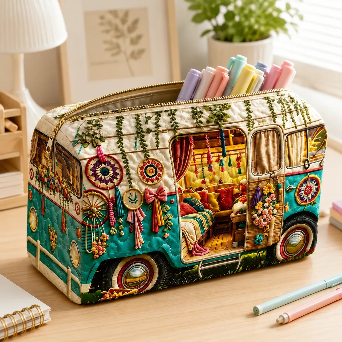 trousse de maquillage bohème camper van, pochette de toilette imprimée florale, organisateur de voyage, trousse à crayons, pochette de rangement