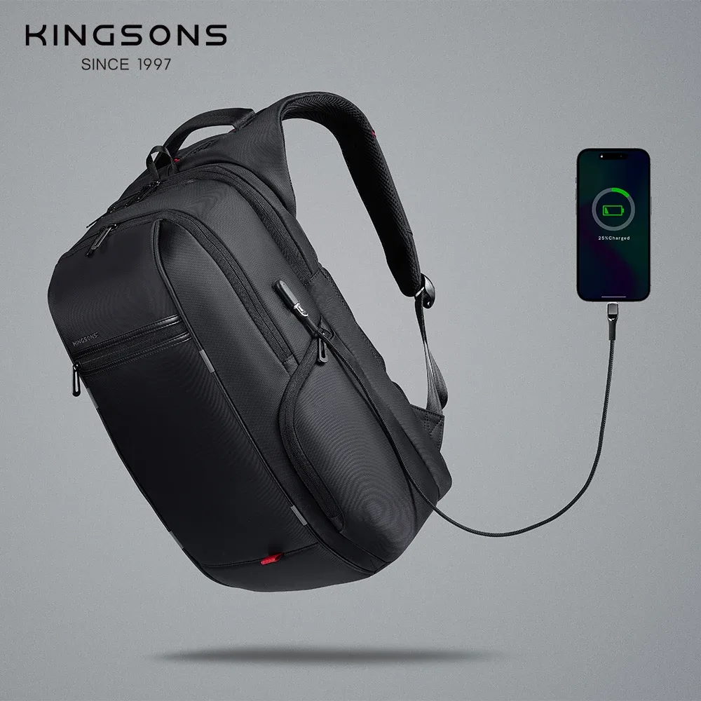 Sac à dos pour ordinateur portable Kingsons 17" et 15,6" pour hommes, sac de voyage d'affaires noir imperméable avec chargement Type-C et USB, sac à dos antivol