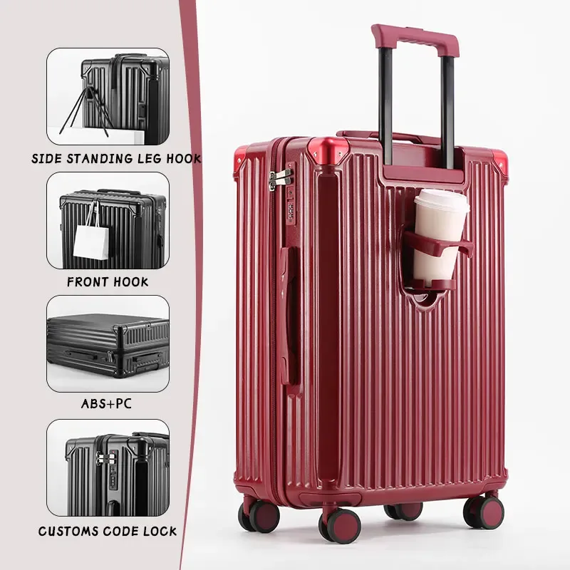 valise abs + pc à fermeture éclair, bagage multifonctionnel de grande capacité, étui de voyage avec crochet porte-gobelet, roue rotative 20", 24", 28"