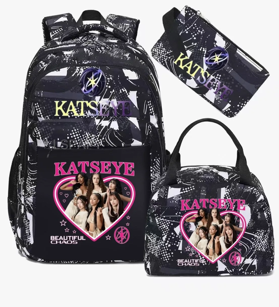 sacs d'école imprimés fashion katseye, ensemble de 3 pièces, sac à dos pour l'école primaire, garçons et filles, sac à dos de sport avec sac à lunch et trousse à crayons
