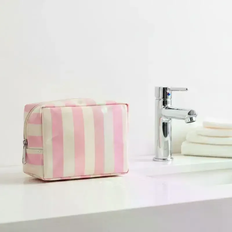 mini trousse de toilette rayée en pvc, trousse de maquillage, trousse de toilette imperméable, étui pour pinceaux de maquillage