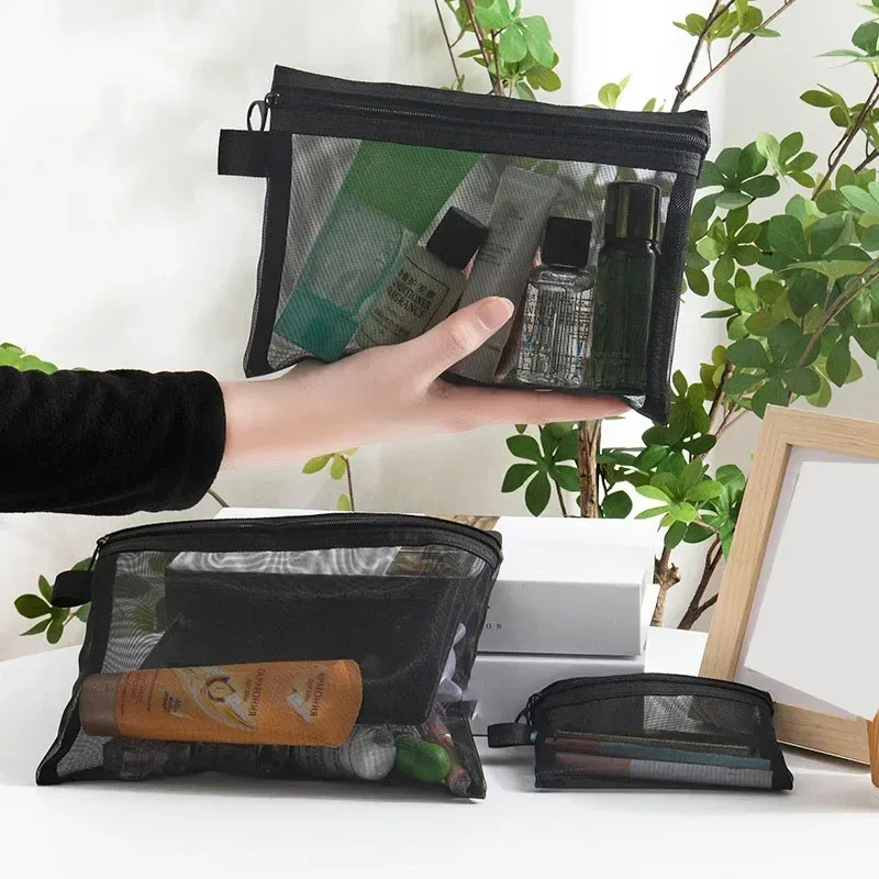 sac à cosmétiques en maille pour femmes, rangement de voyage, sac de maquillage, organisateur, pochette de maquillage portable, petite et grande trousse de toilette et de beauté